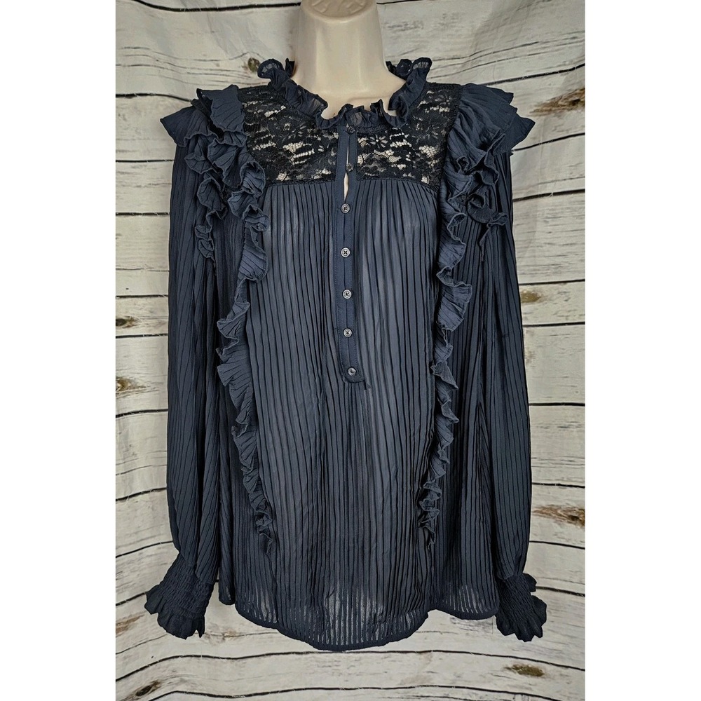 Anthropologie Black Pleated Ruffled Top L Lace Long Sleeves Witchy Goth Womens